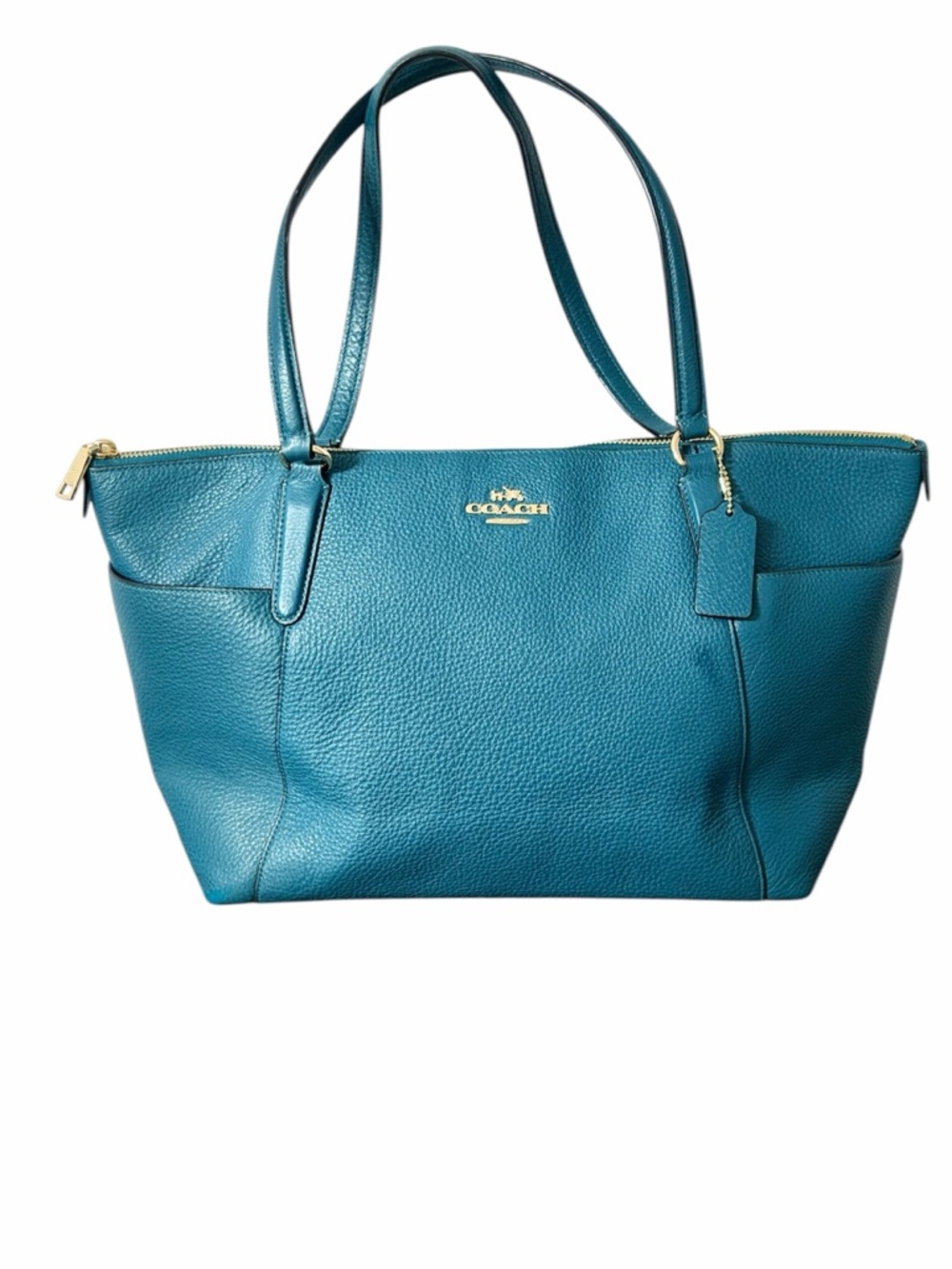 Coach Teal Pebbled Leather Shoulder Tote with Gold Hardware - Picture 2 of 14